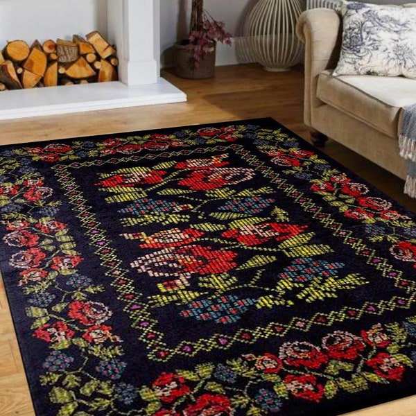 Vintage Style Romanian Rug, Karabagh Rug, Bessarabian Kilim Rug, Rustic Floral Rug, Home Decoration, Rugs Living Room, Moldovian Rug Kilim