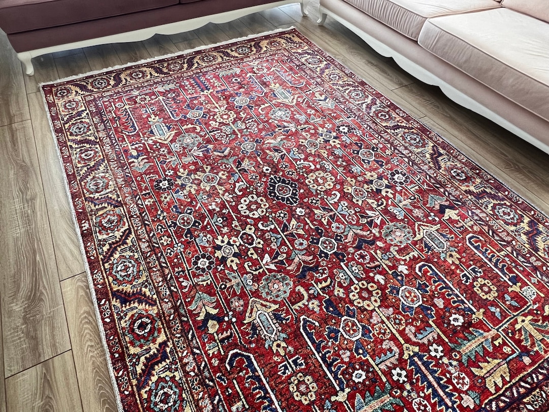 Persian Style Red Rug, Oriental Heriz Rug, Home Decor, Rugs 6x9