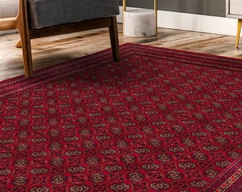 Afghan Red Rug, Traditional Oriental Non-Shedding Living Room Bedroom Dining Home Office Area Rug, Vintage Overdyed Red Carpet, Rugs 8x10