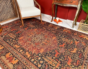Alfombra oriental Heriz, alfombra de estilo vintage con patrón animal, alfombra de lujo tradicional, teppich de sala de estar, alfombra grande boho, alfombra turca 9x12