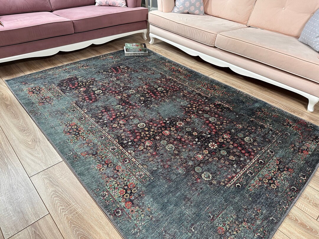 Green Turkish Rug, Distressed Vintage Style Mid Century Carpet, Rugs