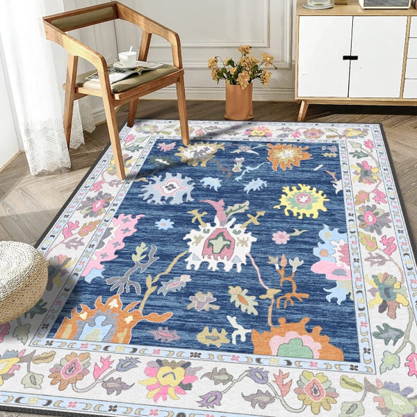 Best Seller Turkish Rug, Navy Blue Floral Oushak Rug, Artistic Oriental Rug for Bedroom, Lustrous Elegance Underfoot, Colorful Multi Size