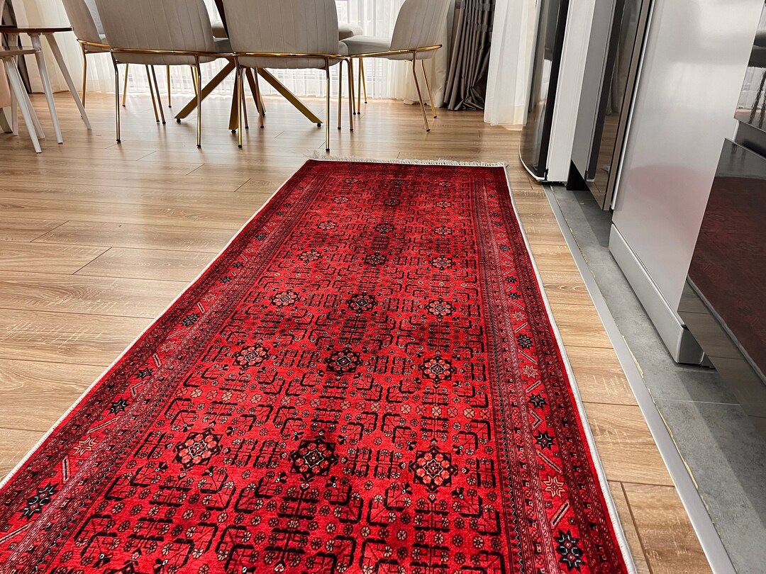 Vintage Red Runner Rug, Traditional Turkmen Extra Long Kitchen Bathroom