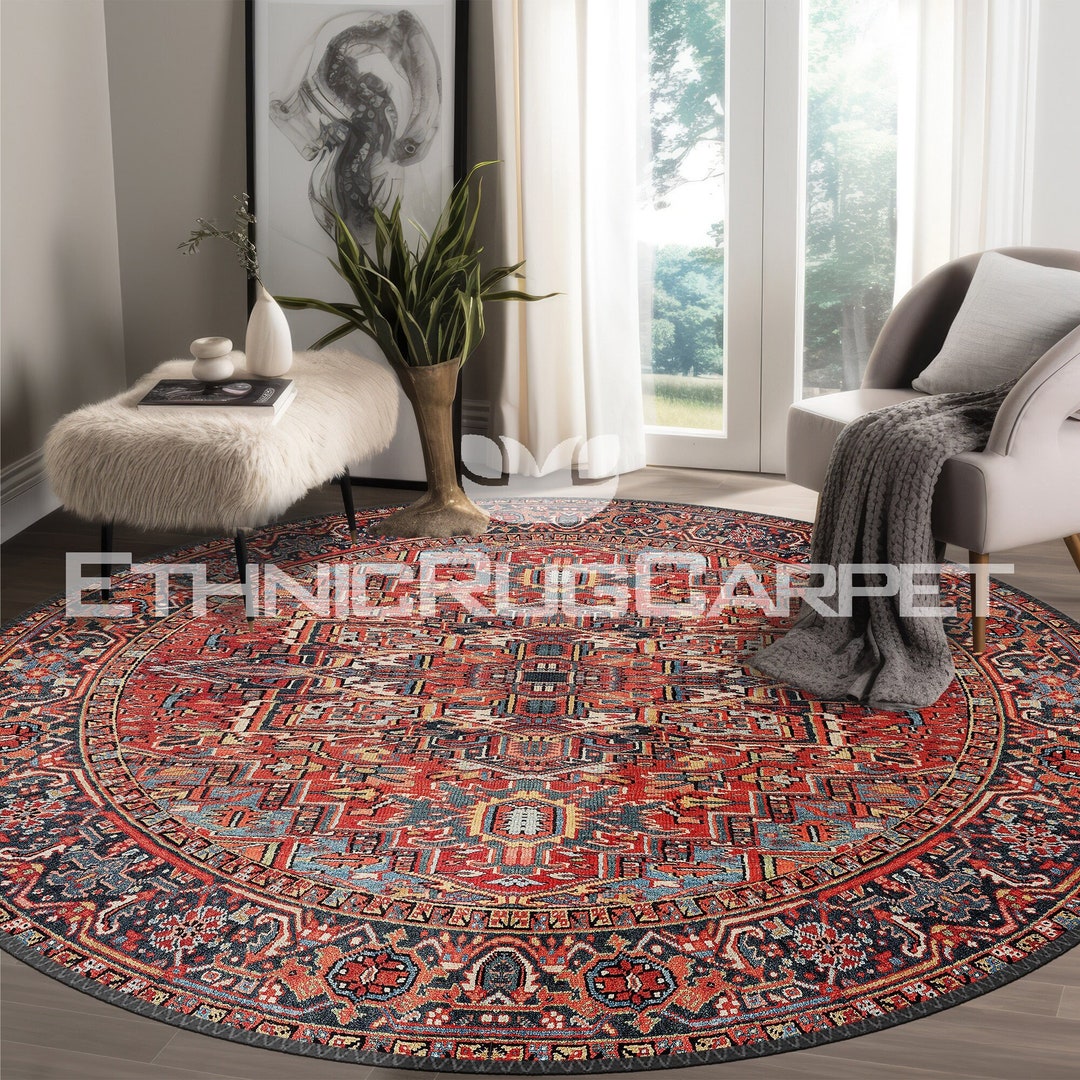 Heriz Round Rug, Mid Century Medallion Circle Carpet, Turkish Modern