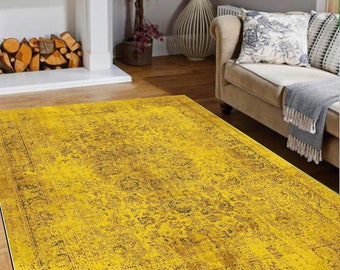 Alfombra turca amarilla, Alfombra amarilla de estilo vintage de mediados de siglo, Alfombras para sala de estar, Alfombra de área de dormitorio, Alfombra amarilla oriental Boho, Decoración del hogar