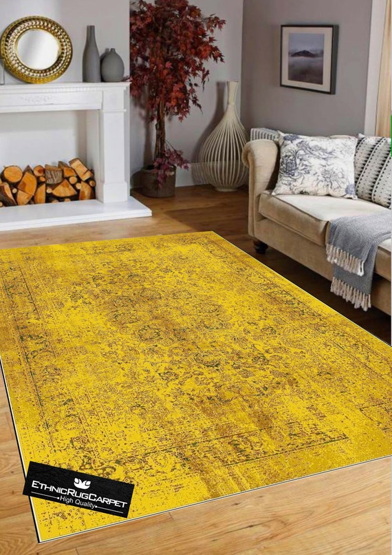 Turkish Rug Yellow Vintage Style Mid Century Yellow Carpet Rugs