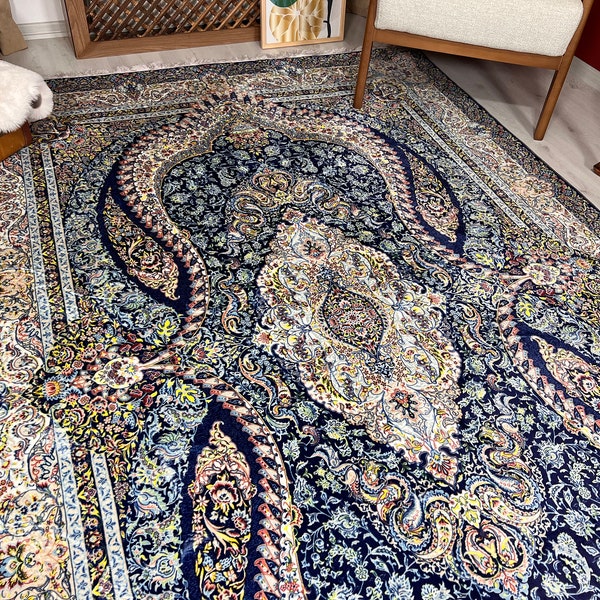 Ästhetischer Teppich, Persischer Stil Blauer Teppich, Art Deco Teppich, Exklusiver Teppich, Esszimmerteppich, Vintage Stil Blau