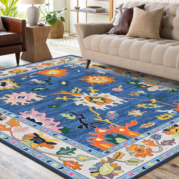 Teppiche 8x10, Oushak-Teppich im Vintage-Stil, türkischer blauer Blumen-Pastellteppich, übergroßer Teppich, anatolischer orientalischer schöner Teppich, Teppich in mehreren Größen