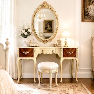 Restored French Vanity | Elegant French Vintage Vanity | Hand-Finished Champagne & Mahogany Dressing Table | Console Table | Desk