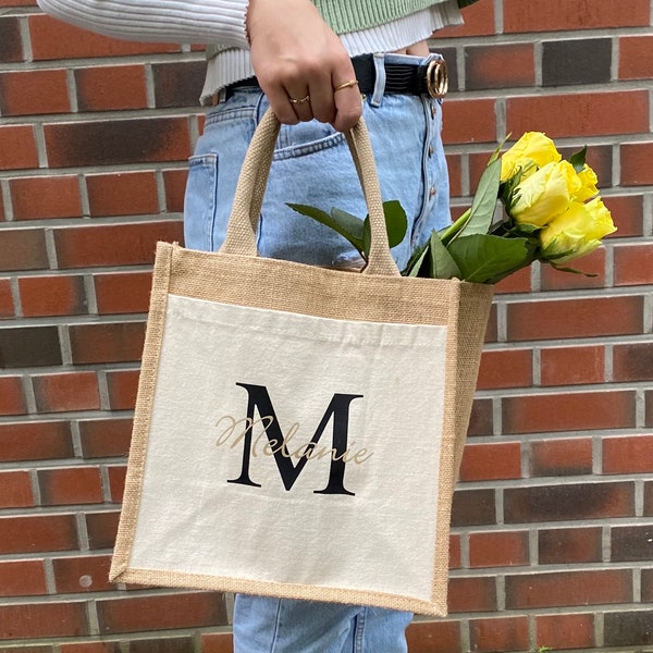 Personalisierbare Jutetasche mit Name und Initial | Markttasche | Geschenk | individuell | Einkaufstasche