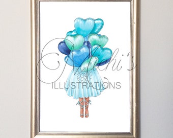 Blue Balloons (Fashion Illustration Print)