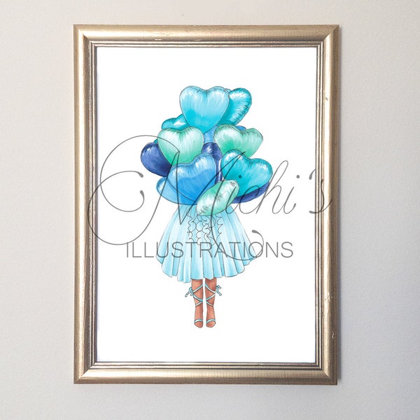 Blue Balloons (Fashion Illustration Print)