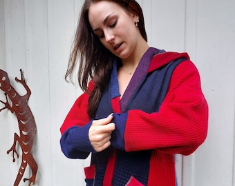 Boho Sweater Coat- Full Sleeve Outer Layer- Funky Pocketed Jacket- Boho Cardigan- Cozy Red and Navy Sweater- Unique hooded Sweater coat