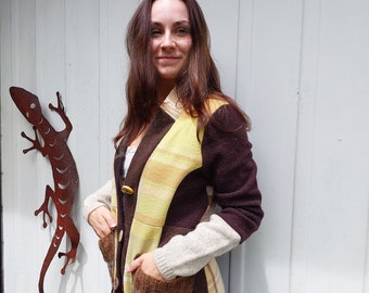 Long Sweater- Upcycled Sweater Coat- Brown- Soft Yellow Knitwear, Sustainable Fashion-Handmade Brown and Yellow Cardigan for women Gift