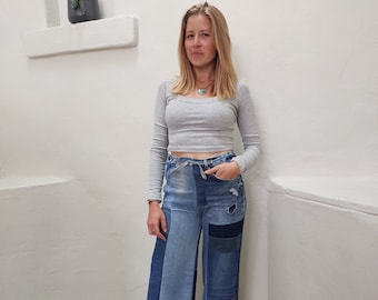 Handmade Patchwork jeans -High-Waisted Boyfriend Jeans with Wide-Leg - Vintage, Fitted Comfort, and Funky Upcycled rework Designs