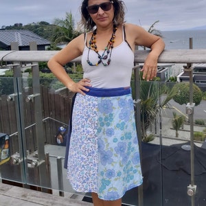 Wrap skirt multi-colour, upcycled skirt, blue skirt, wraparound tie skirt, one size fits all, bohemian skirt for women, cotton wrap skirt,
