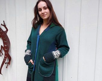 Sweater Coat- Boho Funky Outerwear-Green Hooded Full Sleeve Sweater- Pockets Cardigan- Bohemian Sweater- Green Boho Hooded Coat for women