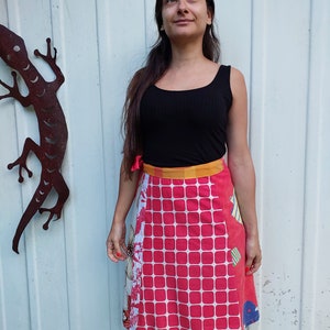 Wrap skirt,upcycled, red and orange skirt, wraparound tie skirt, one size fits all, bohemian skirt, cotton wrap skirt, multi colour image 4