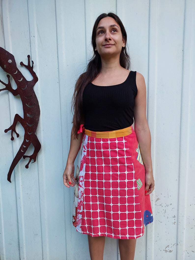 Wrap skirt,upcycled, red and orange skirt, wraparound tie skirt, one size fits all, bohemian skirt, cotton wrap skirt, multi colour image 4