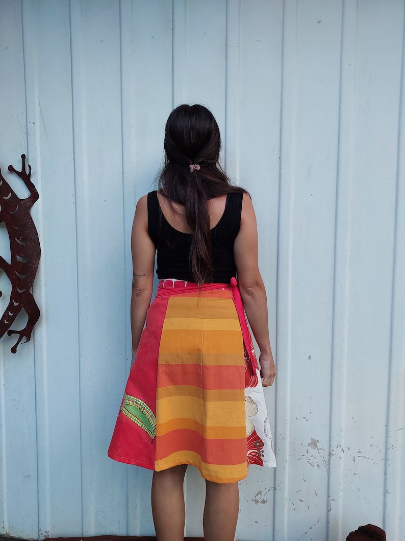 Wrap skirt,upcycled, red and orange skirt, wraparound tie skirt, one size fits all, bohemian skirt, cotton wrap skirt, multi colour image 3