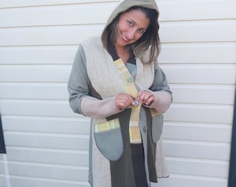 Long Boho Coat- Hooded Sweater Coat- Bohemian Cardigan- olive and cream Jacket- Cozy Hooded Outerwear- Hooded Sleeve Sweater for mom