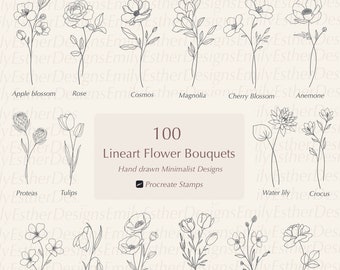 Procreate Floral Stamps, Procreate Stamps, Flower Bouquets, Procreate Line art, Procreate Botanical, Flower Stamps | Procreate Stamp brushes