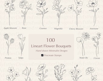 May include: A set of 100 line art flower bouquets, hand drawn in a minimalist style. The bouquets are perfect for use as Procreate stamps. The flowers include apple blossom, rose, cosmos, magnolia, cherry blossom, anemone, protea, tulip, poppy, water lily, crocus, wildflower, snowdrop, jasmine, and rose.