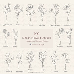 Procreate Floral Stamps, Procreate Stamps, Flower Bouquets, Procreate Line art, Procreate Botanical, Flower Stamps | Procreate Stamp brushes