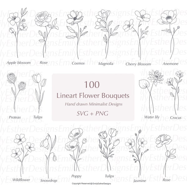 Line Art Flower Bouquets Svg Bundle, Flower Svg, Bouquet Svg, Floral Svg, Botanical svg,Rose svg, Sunflower svg, Cricut svg,svg files cricut