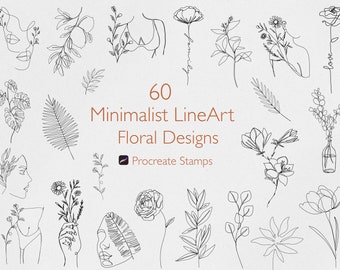 60 Minimalist Floral Line Art Procreate Stamps Bundle