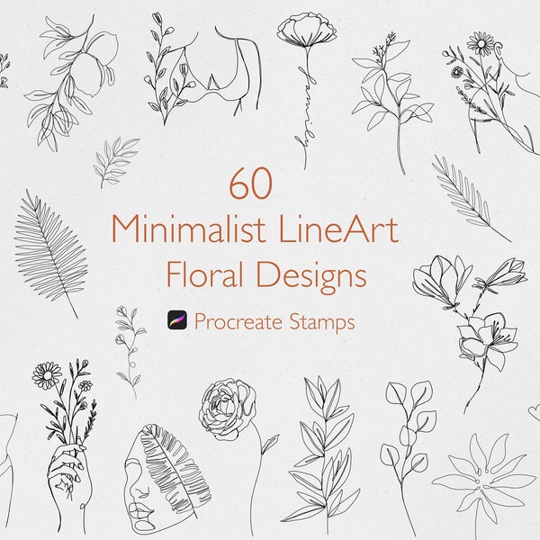 60 Minimalist LineArt Floral Procreate Stamp Bundle | Procreate Stamps | Procreate Brushes | Procreate Flower| Botanical Procreate Stamps