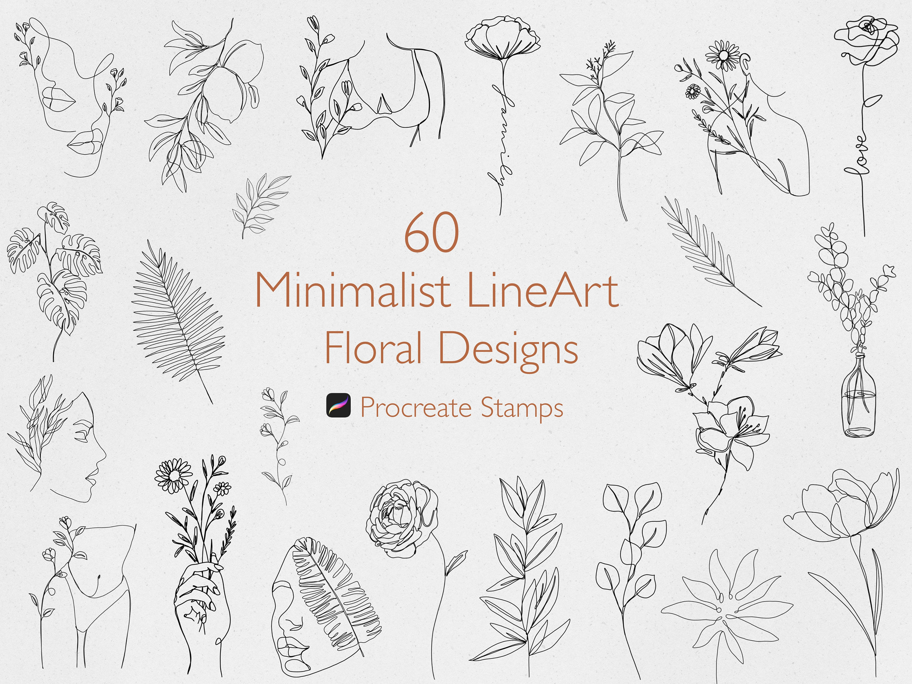 60 Minimalist Floral Line Art Procreate Stamps Bundle - Etsy