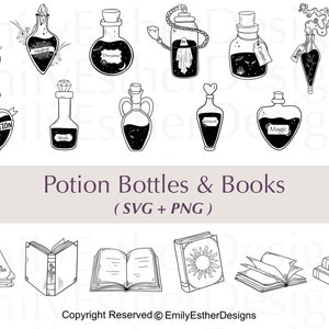 Pacchetto SVG di bottiglie e libri di pozioni: grafica di stregoneria (uso commerciale)
