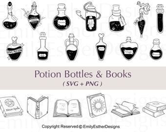 Pacchetto SVG di bottiglie e libri di pozioni: grafica di stregoneria (uso commerciale)