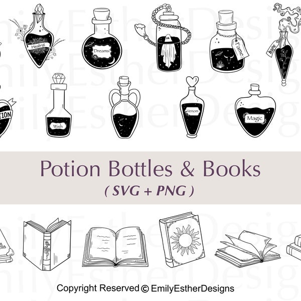 Botellas de poción y libros Svg Bundle / Magic Svg / Books svg / Witch Svg / Mystical Svg / Archivos Svg para cricut / Uso comercial svg