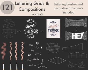 121 Lettering Grids and Compositions | Procreate Lettering Brushes | Procreate Grid Builder |Procreate lettering ornaments |instant download