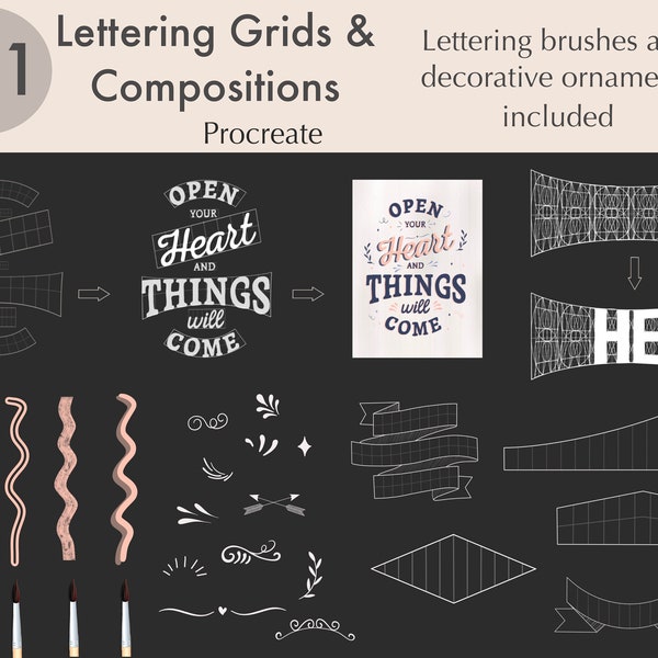 121 Lettering Grids and Compositions | Procreate Lettering Brushes | Procreate Grid Builder |Procreate lettering ornaments |instant download