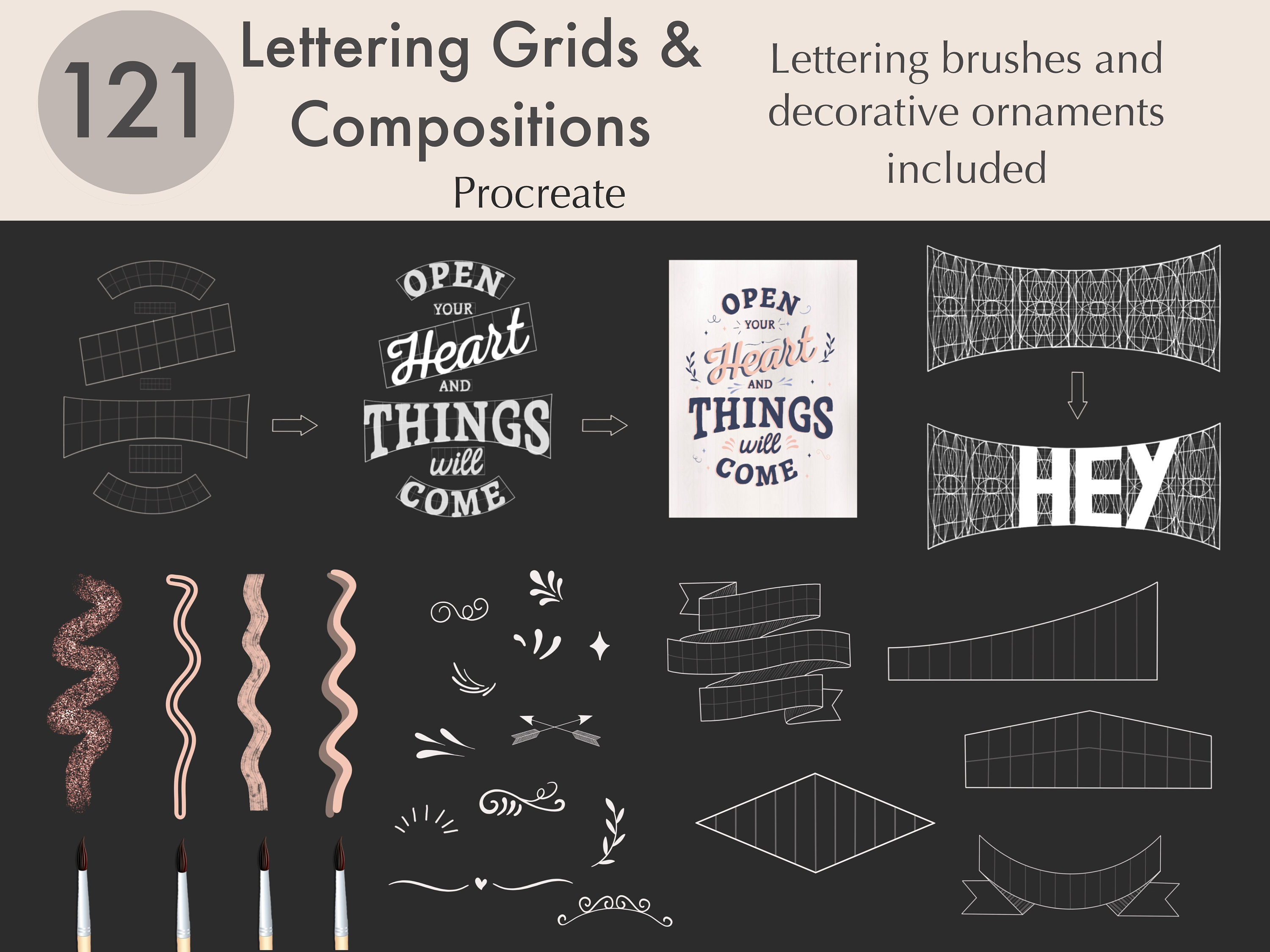 121 rejillas, layouts, pinceles y ornamentos para Procreate – Bundle Grid Builder para caligrafía en iPad