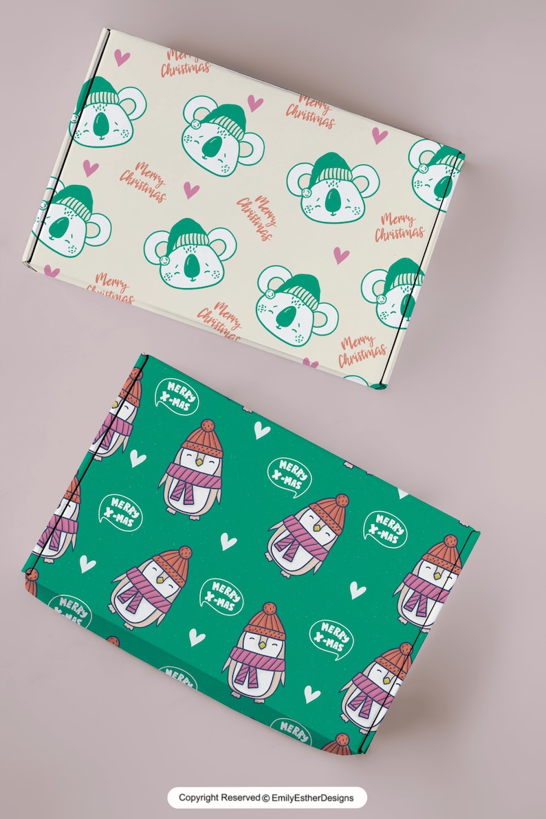 May include: Two gift boxes with Christmas wrapping paper. One box has a green background with a white penguin wearing a red hat and pink scarf. The penguin has a speech bubble that says "Merry X-Mas". The other box has a cream background with a green koala wearing a red hat. The koala has a speech bubble that says "Merry Christmas".