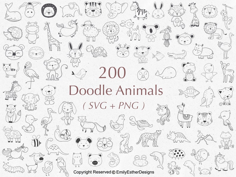 This image contains drawings of 200 doodle jungle, safari, woodland animals for children in svg and png file format