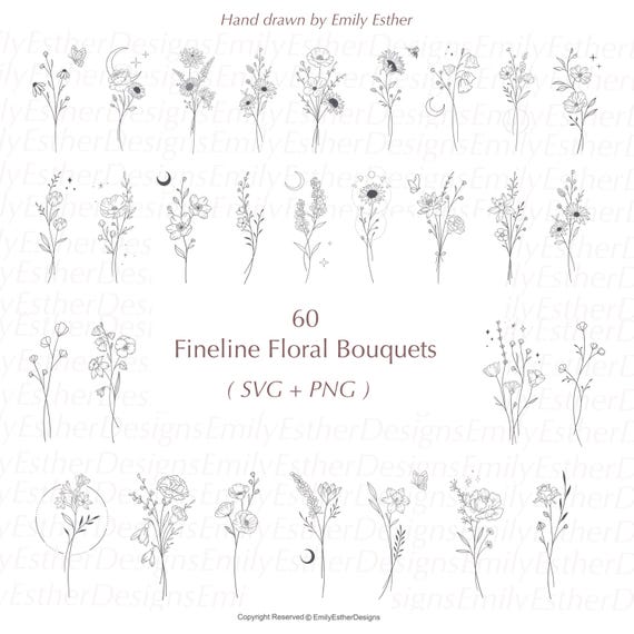 60 Fine Line Floral Bouquet SVGs – Wildflower Wedding Designs (SVG, PNG)