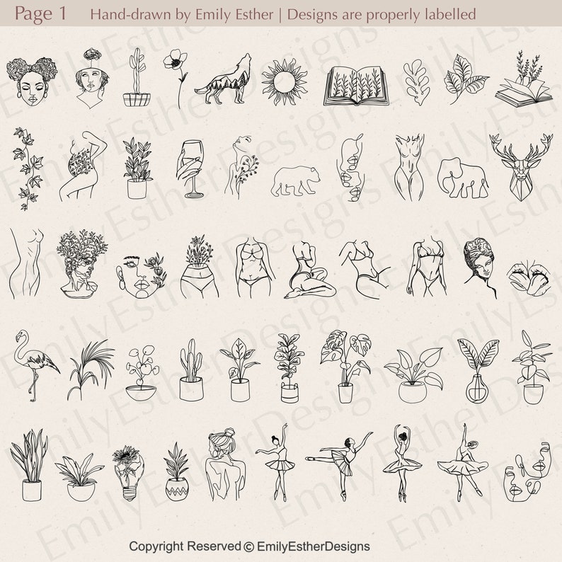 150 Minimalist Line Art Procreate Stamps: Floral & Tattoo - Etsy