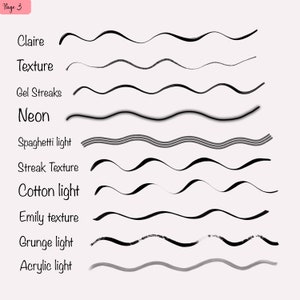 K&ouml;nnte beinhalten: Eine Seite mit verschiedenen Wellenlinien, die mit Bezeichnungen versehen sind, die die Art der Linie beschreiben, wie z. B. "Claire", "Texture", "Gel Streaks", "Neon", "Spaghetti light", "Streak Texture", "Cotton light", "Emily texture", "Grunge light" und "Acrylic light".