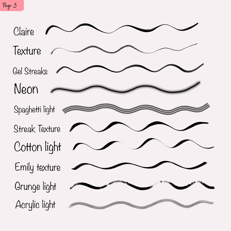 K&ouml;nnte beinhalten: Eine Seite mit verschiedenen Wellenlinien, die mit Bezeichnungen versehen sind, die die Art der Linie beschreiben, wie z. B. "Claire", "Texture", "Gel Streaks", "Neon", "Spaghetti light", "Streak Texture", "Cotton light", "Emily texture", "Grunge light" und "Acrylic light".