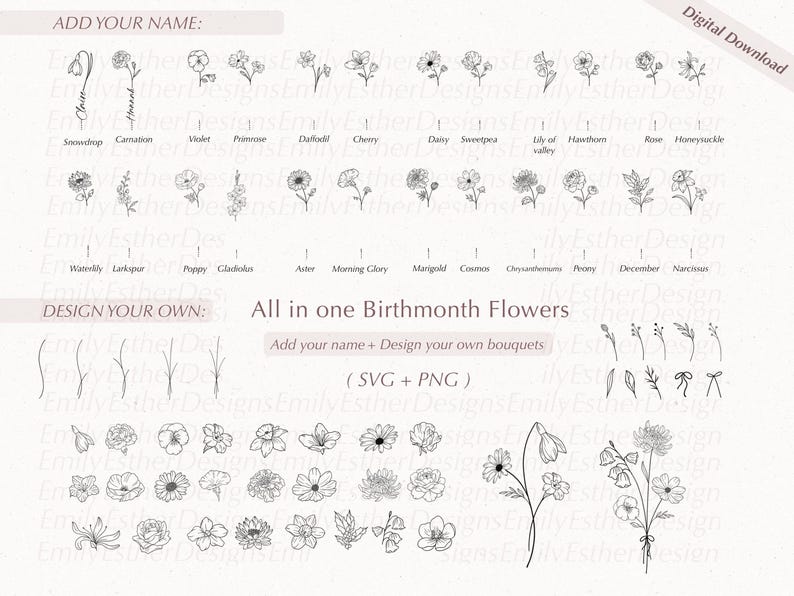 Birth Month Svg Bundle, Flower Svg, Birth Flower Svg, Floral Svg
