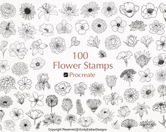 100 francobolli di fiori Procreate / francobolli di fiori Procreate / Procreate floreale / Procreate botanico / francobolli di fiori / Pennelli di fiori Procreate