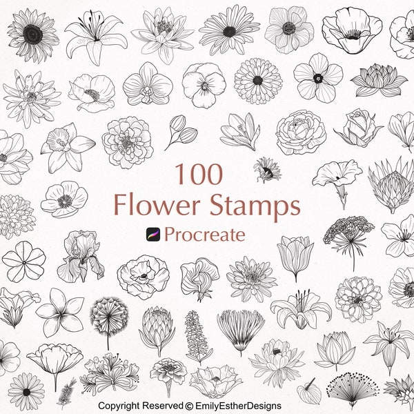 100 timbres de fleurs procréées | Procréer des timbres de fleurs | Procréation florale | Procréer botanique | Timbres de fleurs | Procréer des pinceaux à fleurs