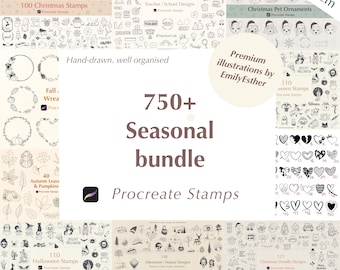 May include: A digital illustration bundle of 750+ seasonal Procreate stamps. The bundle includes stamps for Christmas, Halloween, fall, and nature themes. The stamps are hand-drawn and well-organized.