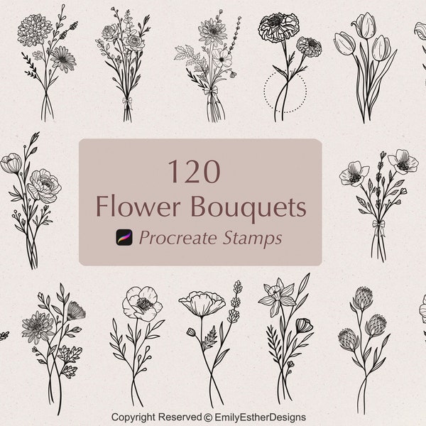 120 tampons Procreate bouquet de fleurs | Tampons floraux Procreate | Tampons fleuris | Timbres botaniques de procréation | Pinceaux Procreate Stamp