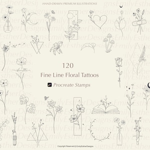 120 Fine Line Floral Tattoo Stamps, Procreate Tattoo & Floral Stamps, Botanical Procreate Designs